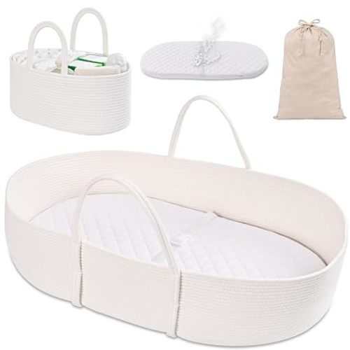 Changing Baskets Set, Moses Basket with Pad and Diaper Caddy, Set of 2 Baskets, Portable Cotton Rope Woven Basket, Baby Care Pad, Gifts for Newborn 28.7" x 15.7" x 7.8"（Brown）