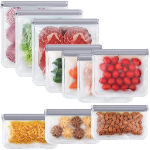 10 Pack Dishwasher Safe Reusable Bags, Silicone, Leakproof, BPA Free, Reusable Food Storage Bags for Lunch, Marinate, Freeze, Travel (Grey) - 3 Gallon, 3 Snack, 4 Sandwich