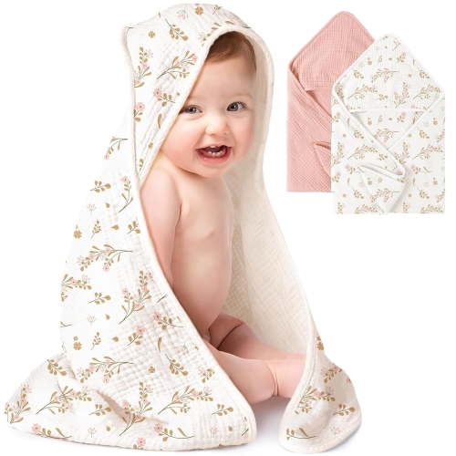 2-Pack Muslin Hooded Baby Towels, 100% Cotton, Ultra-Soft & Absorbent Baby Bath Towels with Hood for Newborn & Infant (Pink, Floral,32" x 32")