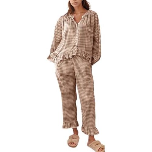 Flygo Womens Plaid Pajamas Sets 2 Piece Cotton Pj Set Puff Sleeve Ruffle Babydoll Shirt Gingham Pants Lounge Sets