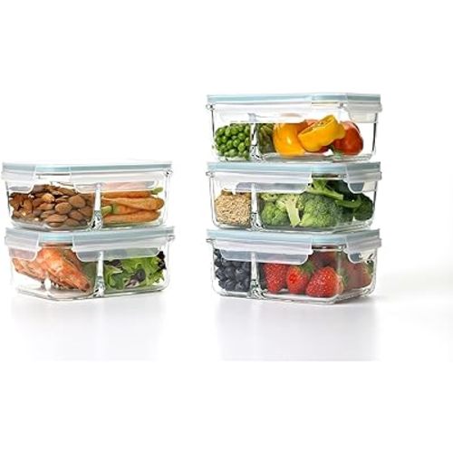 Glasslock Duo 5 Piece Clear Tempered Glass Microwave, Dishwasher, Freezer Safe Divided Food Storage Containers with Snap Close BPA Free Plastic Lids
