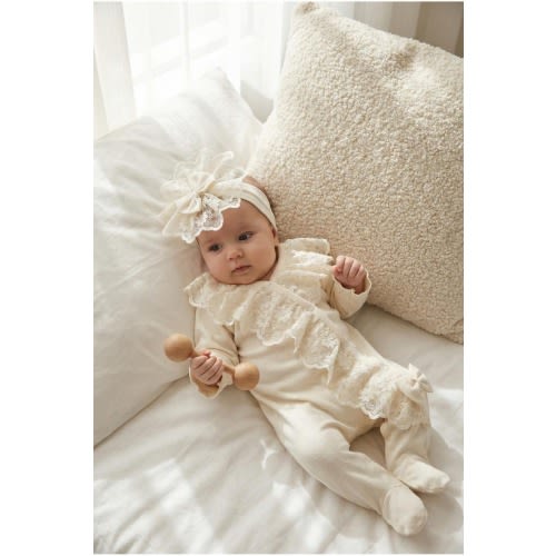 Baby Girl Lace Romper and Headband Set, Newborn Elegant Outfit 100% Cotton