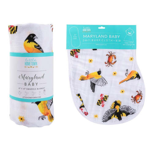Gift Set: Maryland Baby Muslin Swaddle Blanket and Burp Cloth/Bib Combo Newborn Essentials for Feeding and Comfort