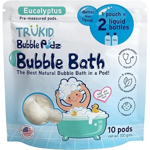 TruKid Bubble Podz Bubble Bath for Kids, Toddlers, & Babies, Tear Free Gentle & Refreshing Bath Bomb for Sensitive Skin with Natural Moisturizers, Non-Toxic, pH Balanced, Eucalyptus Scent (10 Podz)