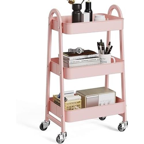 OLIXIS 3 Tier Utility Rolling Cart, Metal Mobile Storage Shelf with Lockable Caster Wheels, Organization for Livingroom, Bathroom & Narrow Places, Pink