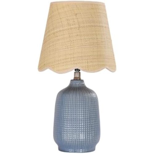 19" Modern Ceramic Table Lamp for Living Room Gray Blue Base Desk Lamps for Bedroom Farmhouse Bedside Nightstand Lamp End Table Lamps,Bule,Rattan Shade