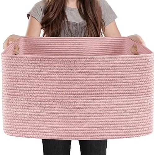 Extra Large Pink Storage Basket, 23.6" x 17" x 12" Rectangle Blanket Basket Living Room, Woven Cotton Rope Basket, Toy Basket Bins, Pink Baskets for Decor, Wicker Baby Laundry Basket