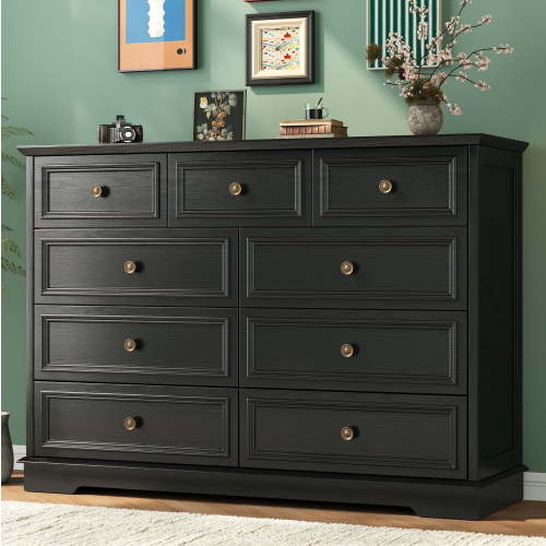 9 Drawer Chest of Drawers, Tall Storage Dresser Organizer, Modern Storage Cabinet Dresser Organizer Unit with Antique Bronze Round Handles for Living Room, Black