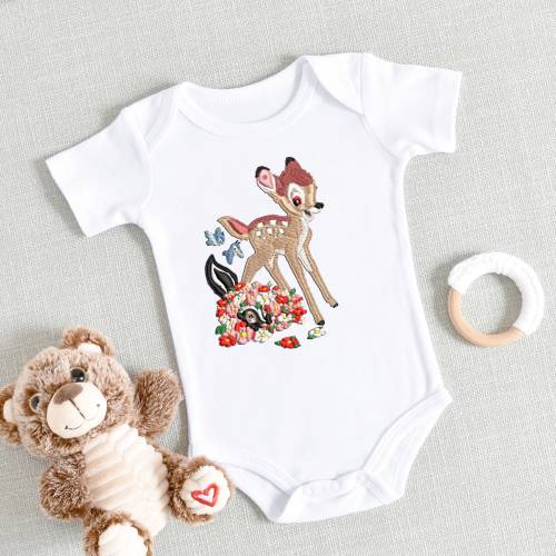 Embroidered Bambi Baby Bodysuit: Floral Deer Onesie