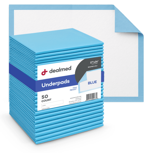 Dealmed Standard Absorbency Disposable Medical Underpads, 2-Ply Tissue Fill, 17" x 24”, Blue, 50 Count (1 Pack)