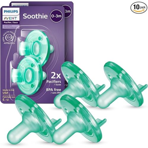 Philips Avent Soothie Baby Pacifiers - 100% Silicone Pacifiers for Babies 0-3 Months,-Piece Design,BPA-Free,Extra Durable,Green,Model SCF190/41,4 Count (Pack of 10)