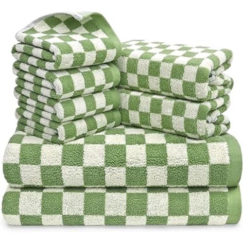 Green Checkered Towels Set of 8, Cotton Towels for Bathroom, 2 Bath Towels, 2 Hand Towels, 4 Washcloths, Soft Absorbent Quick Dry Gifts