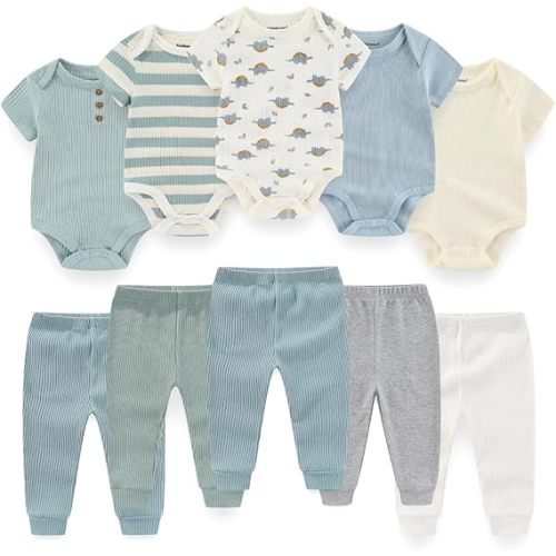 BIGBIGKISS Baby Bodysuit and Pant Set 10Pcs Baby Boy Girl Clothes Outfits | Cotton Newborn Outfits | Short Sleeve | Long Pants | 0-12Months