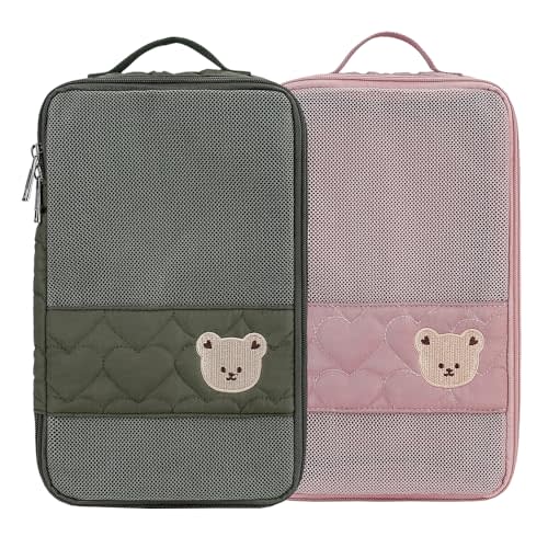 Baby Diaper Bag Organizer Pouches - 2 Pack Waterproof Pod Hanging Diaper Bag Cute Bear Mesh Bag Reusable, Washable or Baby Cloth Diapers (Green&Pink)