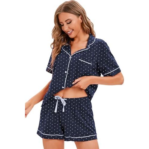 LUBOT 100% Cotton Pajamas for Women 2 Piece PJ Set Button-Down Soft Knit Short Sleeve Summer Sleepwear Loungewear XS-XXL