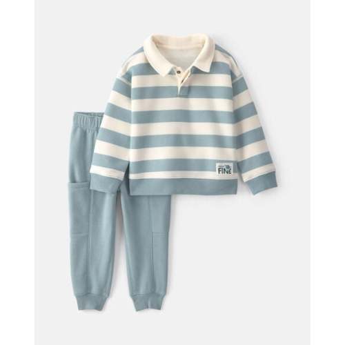 Baby Boy 2-Piece Striped Fleece Henley Top & Pant Set - Blue/Cream | Carter's