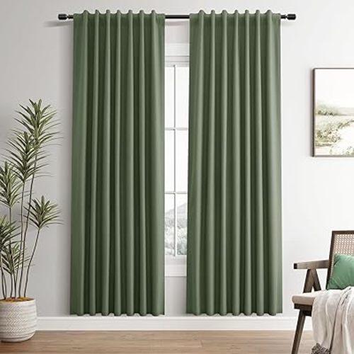 Olive Green Linen Blackout Curtains for Dining Room 2 Panels Set 80 Inches Long Back Tab Hook Belt Funky Heavy Sound Proof Heat Blockingr Curtains for Living Room Nursery Forest Green 52x80