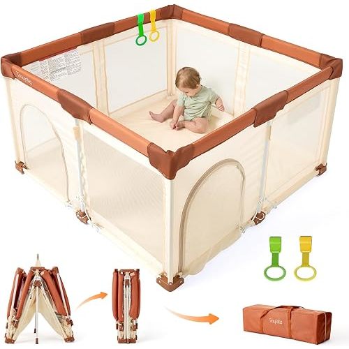 Tinyiota Foldable Baby Playpen, 50x50 Inch Portable Play Yard for Babies and Toddlers with Soft Breathable Mesh, Storage Bag & 2 Pull-Toy Handles for Indoor & Outdoor (Brown, 50x50)