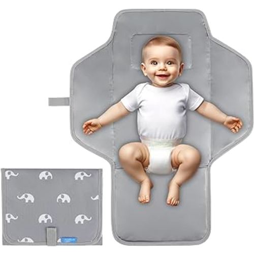 Portable Changing Pad Travel - Reusable Diaper Changing Mat with Built-in Pillow - Lightweight & Foldable Changing Station(Cute Elephant)