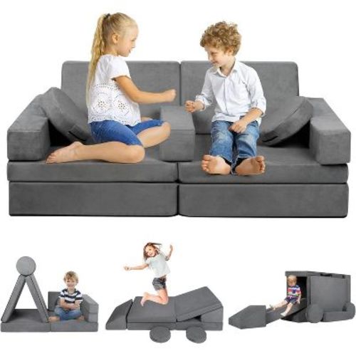 Kinder King 9PCS Kids' and Toddlers Convertible Sofa and Play Set Modular Foam Couch and Flip Out Lounger Indoor Furniture for Playroom Gray