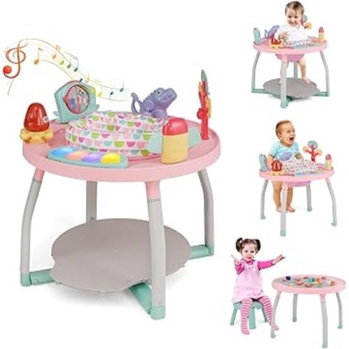 HONEY JOY Baby Activity Center, 5 in 1 Infant Jumper & Standing Play Table w/ 360° Rotary Seat, 6 Toys, 3 Adjustable Heights, Lights, Music & Sounds, Activity Center for Babies 6-36 Months (Pink)