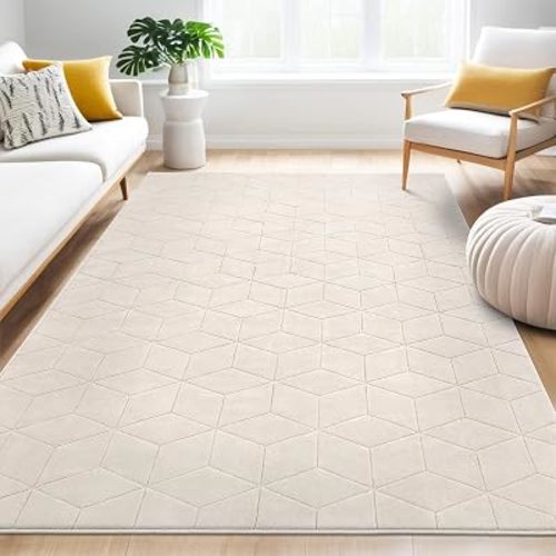 SHACOS 5x7 ft Soft Fluffy Beige Rugs, Non Slip Washable Rugs High Low Pile Area Rug Geometric Modern Carpets for Living Room Bedroom Dining Room Kitchen