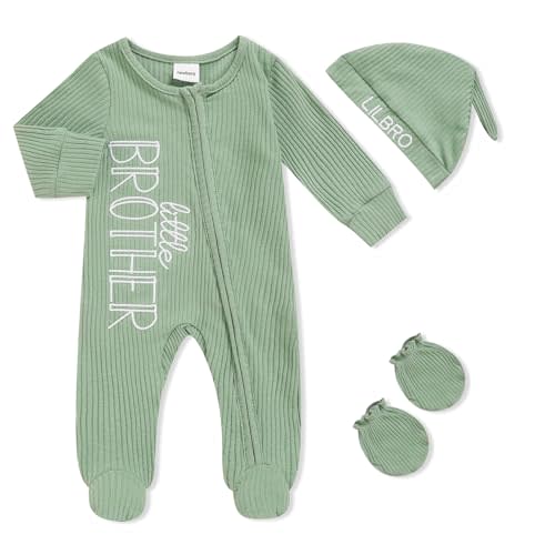 Newborn Baby Boy Outfits Zippered Romper Letter Embroidered Coming Home Jumpsuit with Hat Mittens