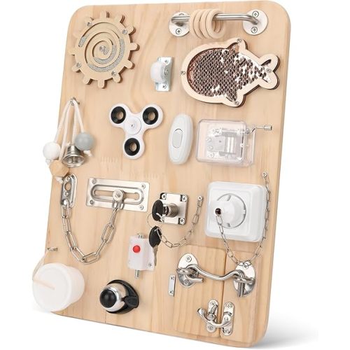 Wooden Montessori Busy Board, Montessori Sensory Activity Board Toys for Kids Toddler Baby Boys Girls, for Autism & ADHD Motor Skills