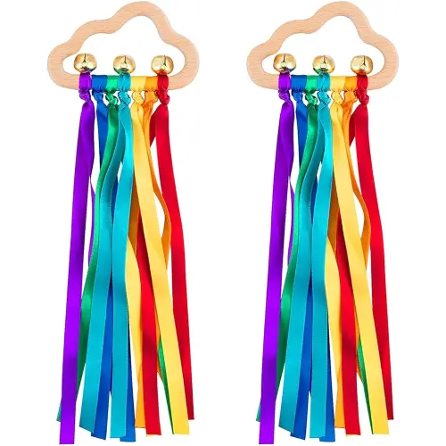 Baby Sensory Wooden Rattle Toys - 2PCS Rainbow Ribbon Ring Toys Wood Rattle Molar Circle Newborn Sensory Montessori Toy for Infant Babies Toddler