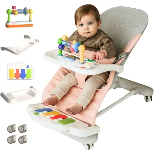 CuddoBaby Baby Bouncer 4-in-1 on Wheels |Detachable Pianos, Feeding Tray| 3-Level Recline Foldable Seat with Play Bar for Infant to Toddler 0-6, 0-12, 12-24 Months, Girl Gift Idea - Pink