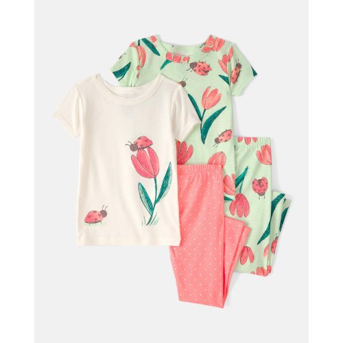 Baby Girl Ladybug Floral 100% Cotton Snug Fit 4-Piece Pajama Set - Pink/Green | Carter's