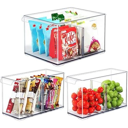 Clear Plastic Storage Bins with Dividers for Fridge Pantry Organizers and Storage Containers, 3 Pack Acrylic Stackable Sturdy Storage Boxes for Home Edit and Cabinet Organizers C6-1