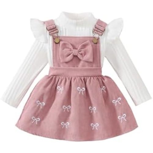 Toddler Baby Girl Outfits Long Sleeve Ribbed T-Shirt Bow Overall Dresses Suspender Skirt Set Spring Clothes