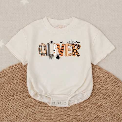 Personalized Name Halloween Baby Bubble Romper, Custom Spooky Patterned Letters Newborn Outfit