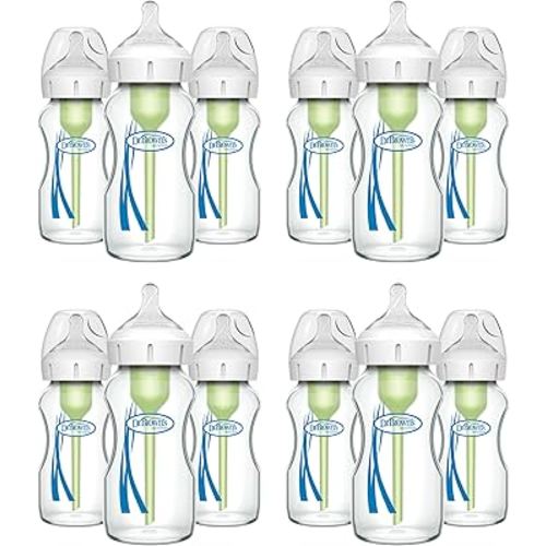 Dr. Brown's Natural Flow Anti-Colic Options+ Wide-Neck Glass Baby Bottles 9 oz/270 mL, with Level 1 Slow Flow Nipple, 12 Pack, 0m+