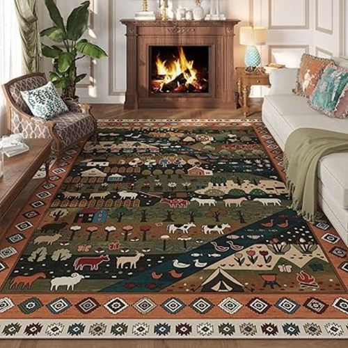Area Rugs 8x10 for Living Room Clearance Washable Nomadic Rug Non Slip Floral Animal Vintage Low Pile Large Rug for Bedroom, Farmhouse, Dining Room, Kids Playroom, Green