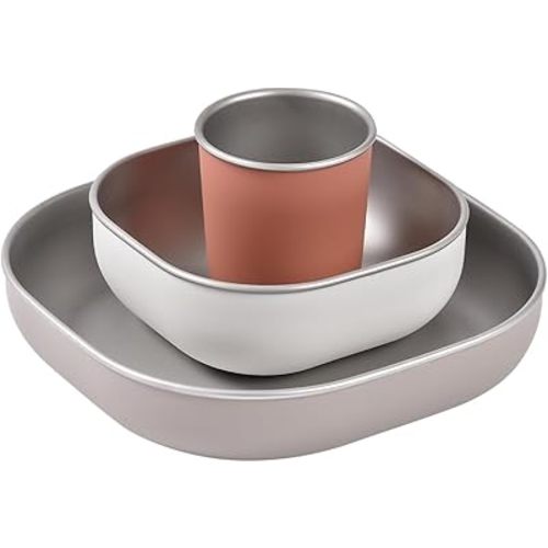 BEABA Stainless Steel Meal Set | Microwave and Oven Safe | Baby Plates Baby Bowls and Cup with Anti-Slip Silicone Cover | Kids Plates Non Toxic, Terracotta
