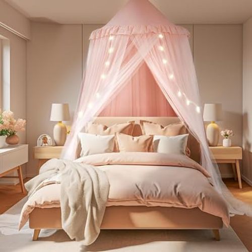 little dove Bed Canopy for Girls with Star Lights, 39.4''x106'', Peach Pink