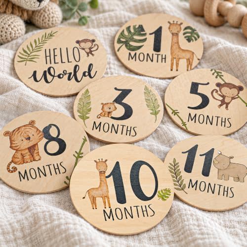 Baby Monthly Milestone Cards Sign - 7 Double Sided Animals Marker Wooden Circles Discs Newborn Photography Prop, Pregnancy Journey Birth Announcement Sign Baby Boy and Girl Gift Sets