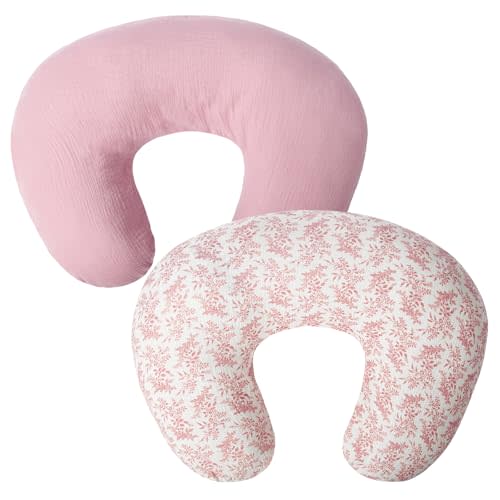 FUNUPUP Muslin Nursing Pillow Cover Compatible with Boppy Nursing Pillow, Soft Baby Nursing Covers for Breastfeeding Pillows for Boys Girls, only Cover, Pink & Pink Leaves