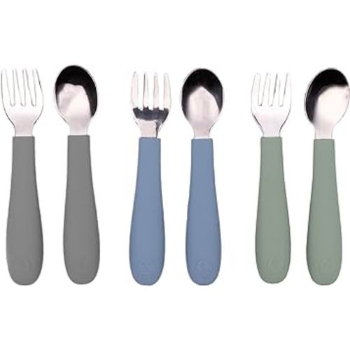WeeSprout Toddler Utensils, 3 Forks & 3 Spoons, 18/8 Stainless Steel & Food Grade Silicone, Thick Easy-Grip Handles, Perfect Length For New Self Feeders, Gentle On Gums & Teeth, Dishwasher Safe
