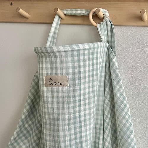 Nursing Cover for Baby Breastfeeding & Pumping | Multi Use Car Seat Stroller Cover | Breathable Soft Muslin Cotton | Breast Feeding Apron & Shawl by TISU (Light Mint Gingham)