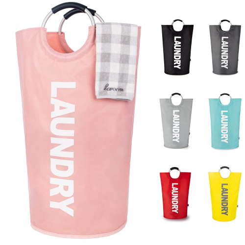 Caroeas 90L Lite Laundry Basket, Fabric tall Laundry Hamper, Foldable Laundry Bag with Aluminum Handle, X-large, Pink