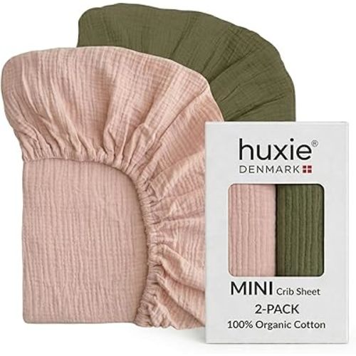 Mini Crib Sheets - Organic Cotton Muslin Fitted Crib Sheet Fitted for Pack and Play - Ultra-Soft and Breathable Crib Sheets for Boys and Girls (Mini Blush/Sage Green)