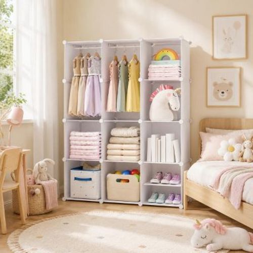 Modular Kids Storage Wardrobe with 10 Cubes and Hanging Rod White