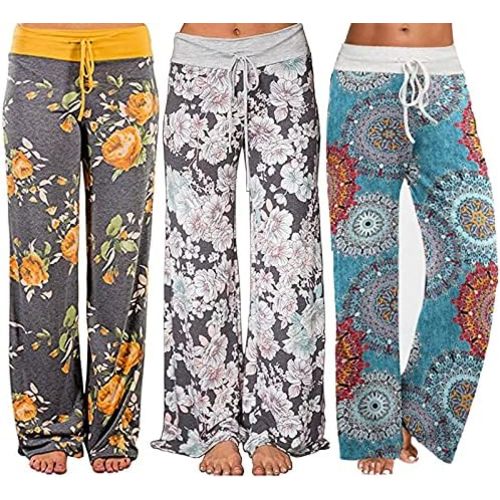 ROSA JUNIO Comfy Pajama Pants for Women Casual Drawstring Floral Palazzo Lounge Pants Stretch Wide Leg Bottoms