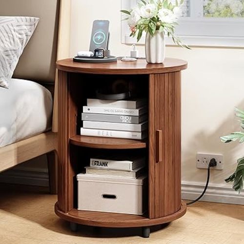 ONBRILL Round End Table with Charging Station, Mid Century Bedside Table with Sliding Door & 2 Tier Storage, Modern Nightstand for Living Room, Bedroom, Entryway, Walnut(1-Pack)