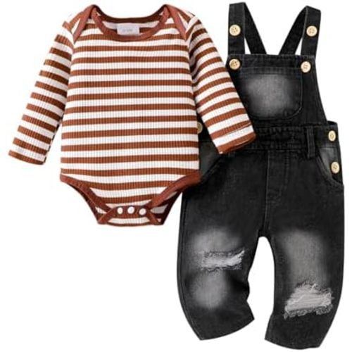 Baby Boy Clothes Newborn Suspender Overalls Ripped Jeans Long Sleeve Striped Romper Fall Winter Outfits 0-18 Months