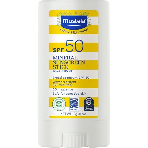Mustela Baby Mineral Sunscreen Stick SPF 50 Broad Spectrum - Face & Body Sun Stick with 70% Organic Ingredients - Ultra Sheer, Water Resistant & Fragrance-Free - 0.6 oz.