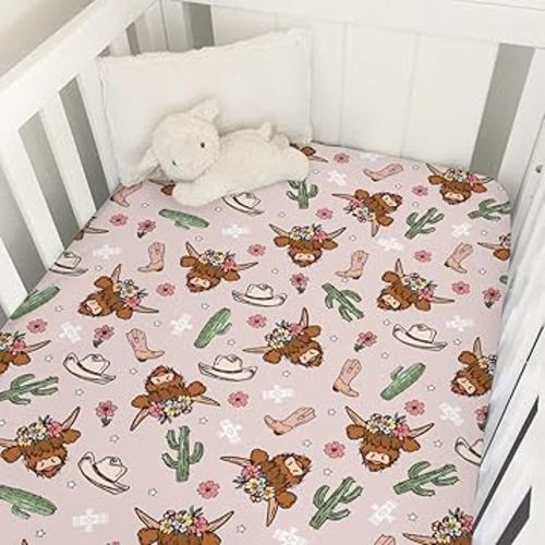 Western Cowgirl Cow Cactus Baby Crib Sheet 52''x28'' Cowgirl Hat Boots Yak Boho Floral Stretchy Fitted Crib Mattress Cover for Girl Ethnic Tribal Soft Baby Sheets for Standard Crib Toddler Mattress